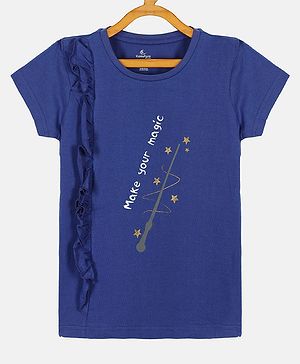 Kiddopanti Half Sleeves Make Your Magic Print Side Frill Detail Tee - Royal Blue