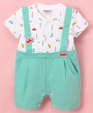 Wonderchild Half Sleeves All Over Cars & Traffic Signals Printed & Airplane Patch Detailed Suspender  Style Romper - Green