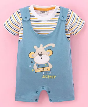 Wonderchild Half Sleeves Striped Tee With Monkey Embroidered Romper - Blue