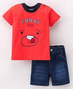 Wonderchild Half Sleeves Funny Face Printed Tee & Shorts - Red