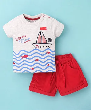 Wonderchild Half Sleeves Ship With Sea Waves Printed Tee With Shorts - Red & Grey