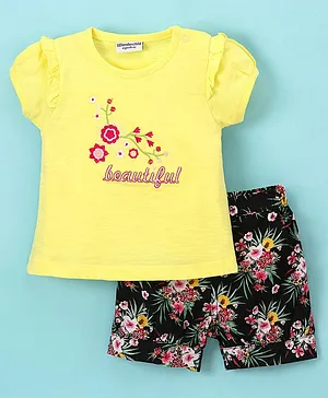 Wonderchild Short Sleeves Floral Printed Top With Shorts - Yellow