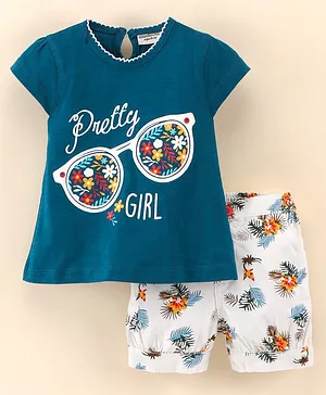 Wonderchild Short Sleeves Pretty Girl Floral Printed Tee With Shorts -Navy Blue