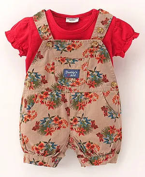 Wonderchild Short Sleeves Floral Printed Dungaree With Tee - Red