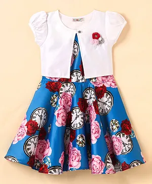 Enfance Full Sleeves Jacket With Sleeveless  Polka Dots Printed Layered Dress - Blue