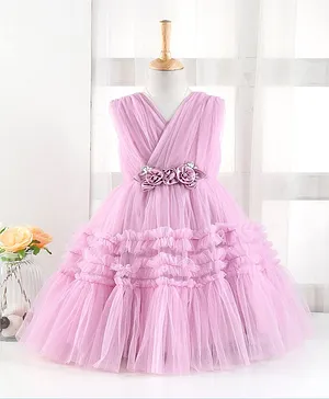 Enfance Sleeveless Flower Applique Flared Dress - Pink