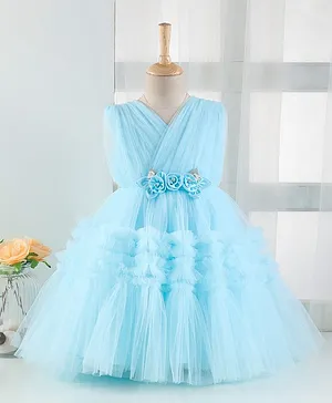 Enfance Sleeveless Flower Applique Flared Dress - Blue
