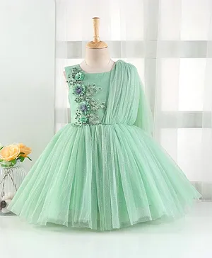 Enfance Sleeveless Flower Applique Sequin Beads Applique Party Wear Dress - Pista Green