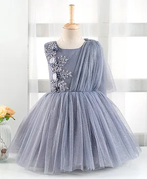 Enfance Sleeveless Flower Applique Sequin Beads Applique Party Wear Dress - Dark Grey