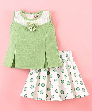 Enfance Sleeveless Corsage Applique Top With Polka Dot Flared Skirt - Pista Green