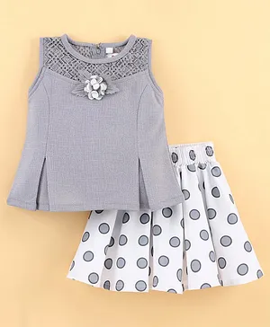 Enfance Sleeveless Corsage Applique Top With Polka Dot Flared Skirt - Grey