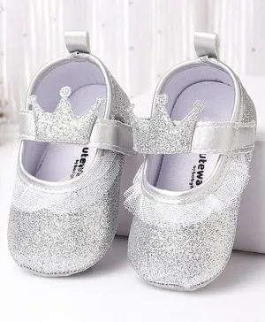 Cute Walk by Babyhug Party Glitter Booties with Crown Applique and Velcro Closure - Silver