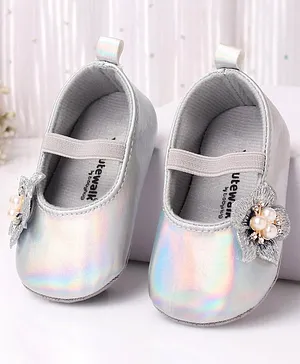 Cute Walk by Babyhug Slip On Party Booties with Flower Applique - Silver