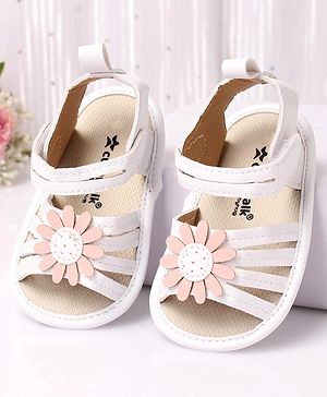 Cute Walk by Babyhug Velcro Closure Sandal Style Booties With Floral Applique - White