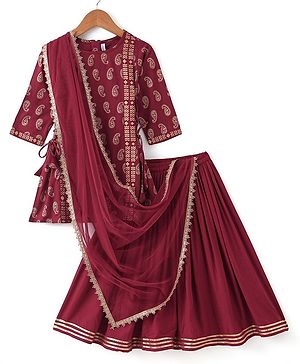 Babyhug Three Fourth Sleeveless Foil Printed Kurta Lehenga Set With Dupatta - Maroon