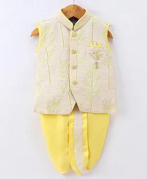 Dapper Dudes Sleeveless All Over Tree Branch Embroidered Kurta With Coordinating Lace Embellished Dhoti - Yellow