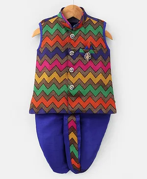 Dapper Dudes Sleeveless Chevron Design Embroidered Kurta With Coordinating Lace Embellished Dhoti - Multi Colour