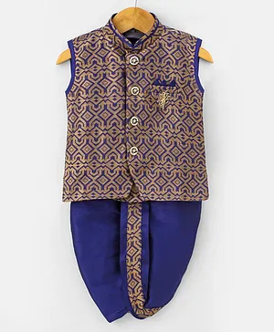 Dapper Dudes Sleeveless Ethnic Moroccan Style Designed Kurta With Coordinating Lace Embellished Dhoti - Navy Blue