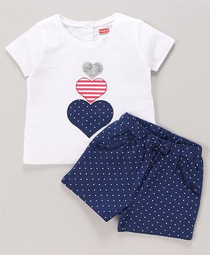 Babyhug 100% Cotton Knit Half Sleeves Top & Shorts Set with Bow Applique Heart & Stars Print - White & Navy