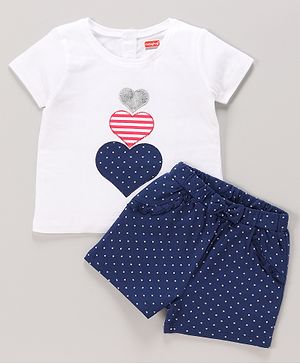 Babyhug 100% Cotton Knit Half Sleeves Top & Shorts Set with Bow Applique Heart & Stars Print - White & Navy