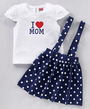 Babyhug 100% Cotton Jersey Knit Cap Sleeves Top & Skirt Set Polka Dots Print - White & Navy