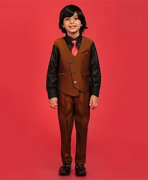 AJ Dezines Full Sleeves Solid 4 Piece Suit Set - Brown
