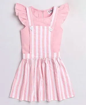 M'andy Cap Frill Sleeves Solid Top With Striped Dungaree Dress - Pink