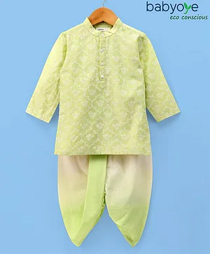 Babyoye 100% Cotton Woven Full Sleeves Motif Print Kurta and Dhoti Set - Green