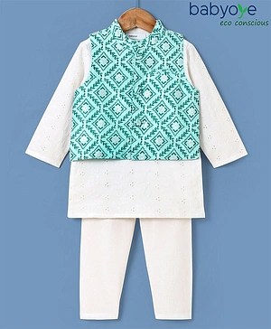 Babyoye Cotton Woven Full Sleeves Kurta & Pajama Set with Jacket Leaf Print - Blue