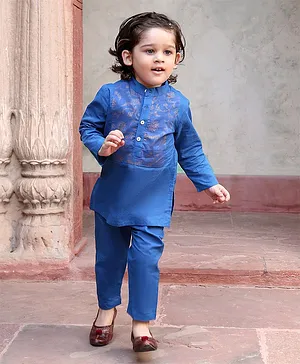 Babyoye 100% Cotton Full Sleeves Kurta Pyjama Set Floral Embroidery - Blue