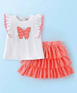 Babyhug 100% Cotton Knit Half Sleeves Top and Skirt Butterfly Embroidery Print - White & Peach