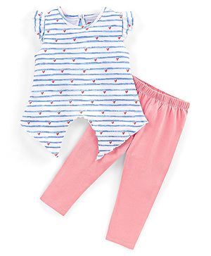 Babyhug 100% Cotton Knit Half Sleeves Striped Top and Legging Set Heart Print - Peach & White