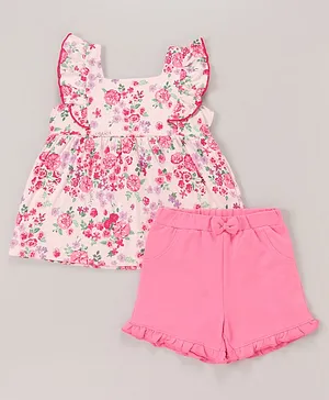 Babyhug 100% Cotton Sleeveless Top & Short Set Floral Print- Pink