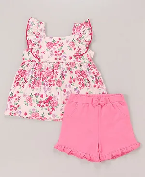 Babyhug 100% Cotton Sleeveless Top & Short Set Floral Print- Pink