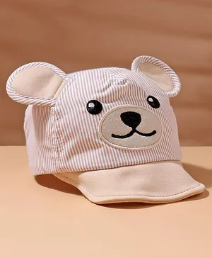 Babyhug Cotton Bear Print With Stripes  & Ear Applique Baseball Cap Beige - Circumference 43 cm
