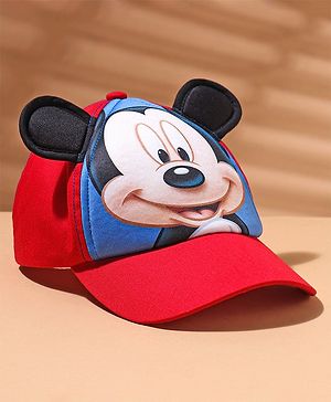 Babyhug Cotton Cap With Ear Applique Mickey Mouse Print Red & Blue Pro - Diameter 14cm