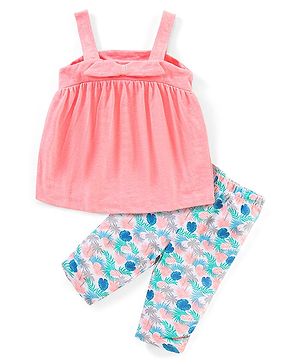 Babyhug 100% Cotton Sleeveless Solid Colour Top and Tropical Printed Leggings Set - Peach & Blue