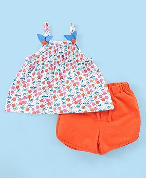 Babyhug 100% Cotton Sleeveless Top & Shorts Cherry Print - White & Orange
