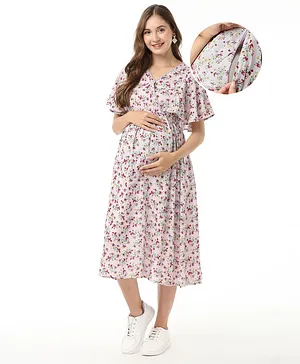 Bella Mama Woven Half Sleeves Maternity Dress With Floral Print- Pink