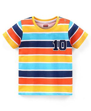 Babyhug Cotton Knit Half Sleeves Striped T-Shirt Number Print - Blue & Yellow