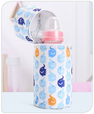 Babyhug Feeding Bottle Cover with Zip Elephant  Print Blue - Fits Upto 330 ml