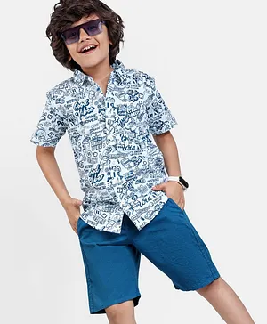 Ollington St. 100% Cotton Woven Half Sleeves Shirt & Shorts Set Text Grafitti Print - White & Navy