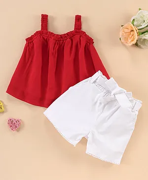 Kookie Kids Sleeveless Solid Top & Shorts Set with Ribbon Belt Detailing - Red & White
