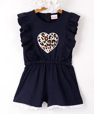 Kookie Kids Sleeveless Jumpsuit With Heart Applique & Frill Detailing- Navy Blue