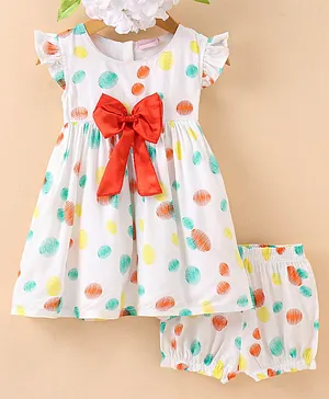 Kookie Kids Frill Sleeves Frock With Bloomer & Bow Detailing Polka Dot Print- White