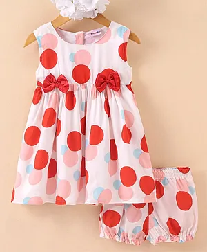 Kookie Kids Sleeveless Frock With Bloomer & Bow Detailing Polka Dot Print- White