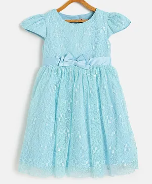 KIDSDEW Cap Sleeves Lace Designed Embroidered Party Wear Dress - Blue