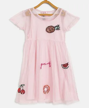 KIDSDEW Cap Sleeves Pineapple With Cherry &Orange Slice Detailed Sequin Embellished Fit & Flare Dress - Pink