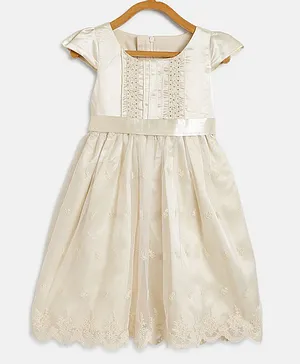 KIDSDEW Cap Sleeves Embroidery Detailed Party Wear Dress - Off White