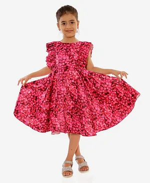 KIDSDEW Short Flutter Sleeves Bubble Print Satin Fit And Flare Dress - Pink